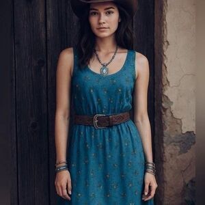 The Vermont Country Store Denim Floral Cottage Core Sleeveless Dress Size Large